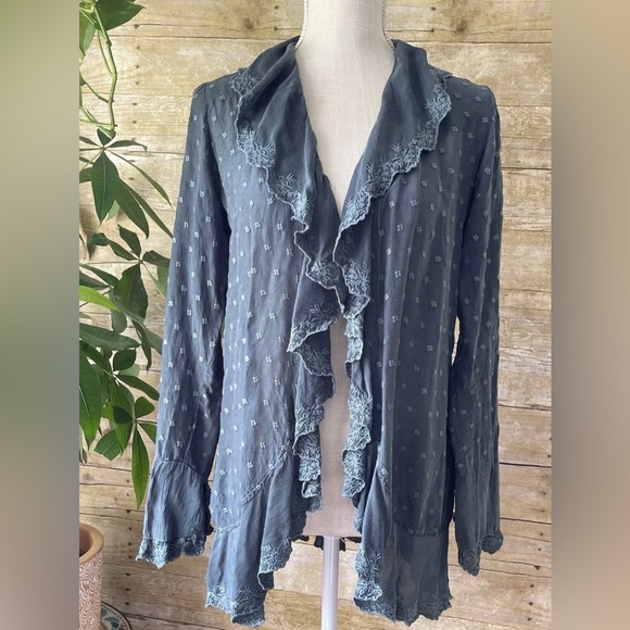 Johnny Was Cardigan Jacket Open Front Lace Gray Size XS Eyelet - Picture 1 of 8